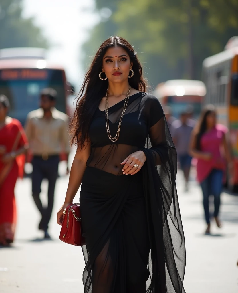 30yo indian woman, in black transparent saree, tall and sexy,wearing red see through saree, 34dd breasts,wearing navel chain, black low neck blouse, navel visible, handbag in right shoulder, loosehair, redlips, eyeliner, eyelashes, earrings,thick body,walking in road, lot of crowd behind,bright sunny day, buses going side, 8k image