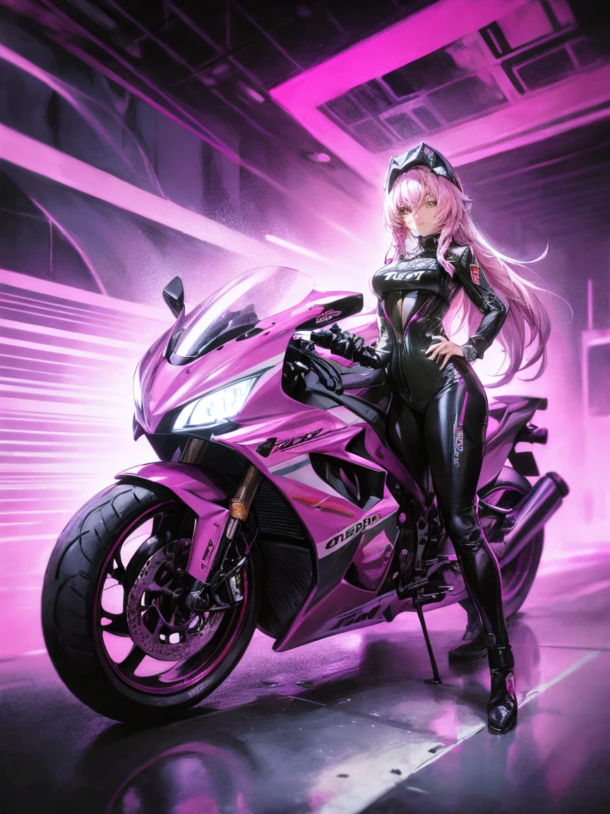 (masterpiece, highest quality:1.2),High resolution digital CG image, a beautiful futuristic girl is posing in front of a futuristic racing car,The girl has long hair with a mixture of white and pink hair.She is wearing a pink racing suit with mecha-style decorations, and there are many sponsor logos on the suit.The pink color racing car is a four-wheeled formula car type with a canopy in the cockpit.It has a futuristic cyber-like body shape and numerous sponsor logos on the body.Futuristic circuit starting grid background, holding a pink helmet under her arm and striking a cool pose next to her car.There are many pit crews around the car adjusting the tires and car body.A beautiful lace queen snuggles up to the girl、Cybertic expression of the future, the texture of beautiful hair, the luster of skin, the beauty of eyes, the luster and texture of a racing suit, the beauty of the racing car body and mechanical expression,(master piece4k, 8k,best quality1.2)ultra detail