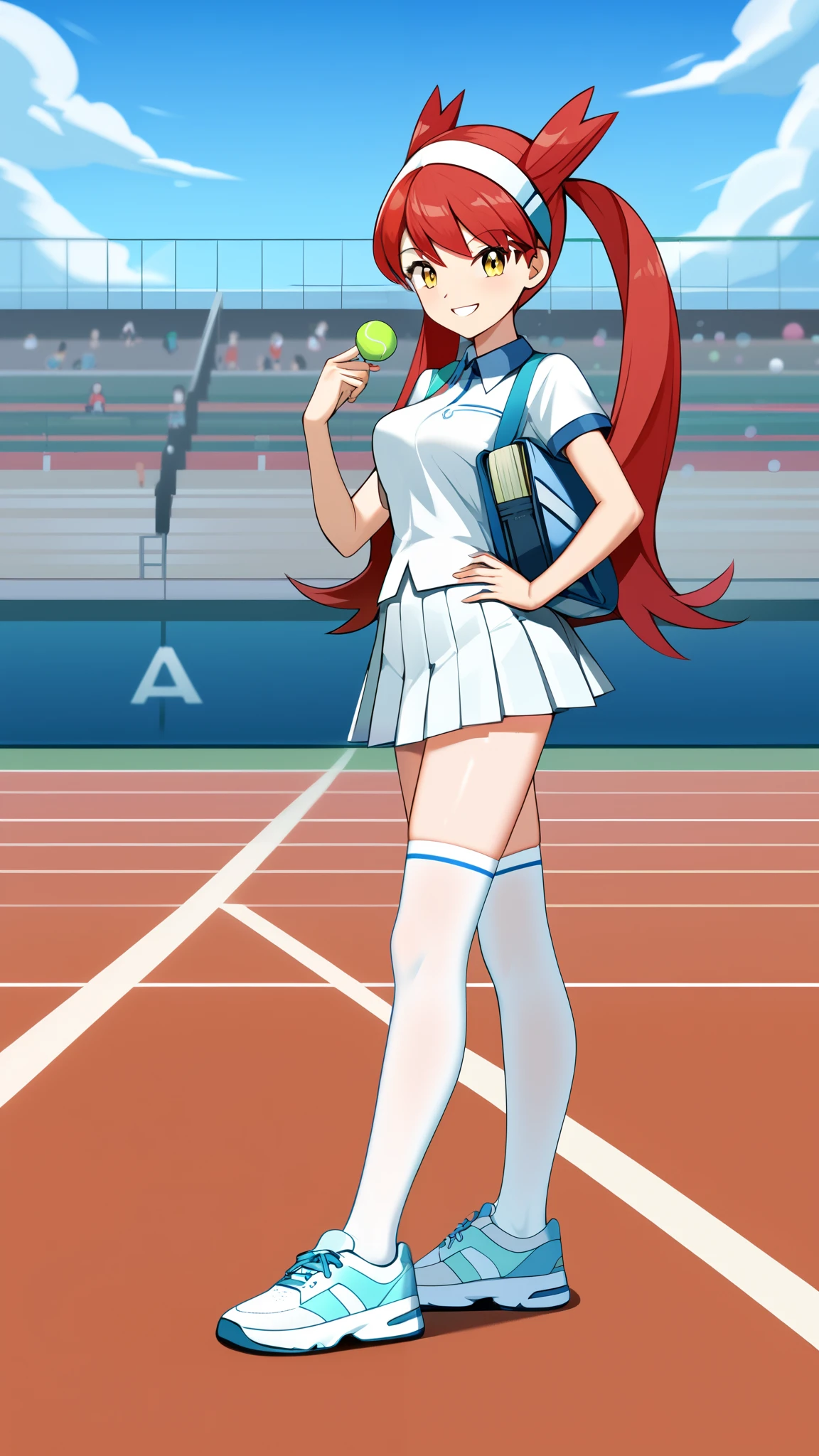 ( top quality )), ((masterpiece)), ( Details), 1girl, Red hair color,  twin tails,  long hair, Yellow Eyes,  tennis wear ,  white pleated miniskirt,  white knee-high stockings reflective on glass floors,  absolute domain, white lace up shoes ,  Tall,  ANIME COLORING BOOK,  viewers, 1 Female, Age 18,  standing, whole body, Place one hand on hip,  slim figure,  sexy smile,  seductive smile, Outdoor,  tennis court in white, (\ Pokémon\),  score_9,  score_8_Excellent,  score_7_Excellent,  score_6_Excellent,  Source_Anime,  cell shading,  Flat Color , vector, Ample breasts, Two legs, two arms,