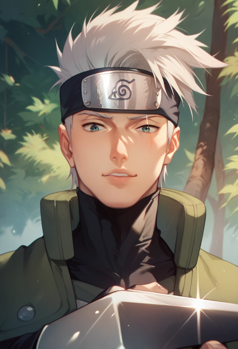 Man age 30 Kakashi Hatake,with ninja armor and complex samurai armor with one white sword!