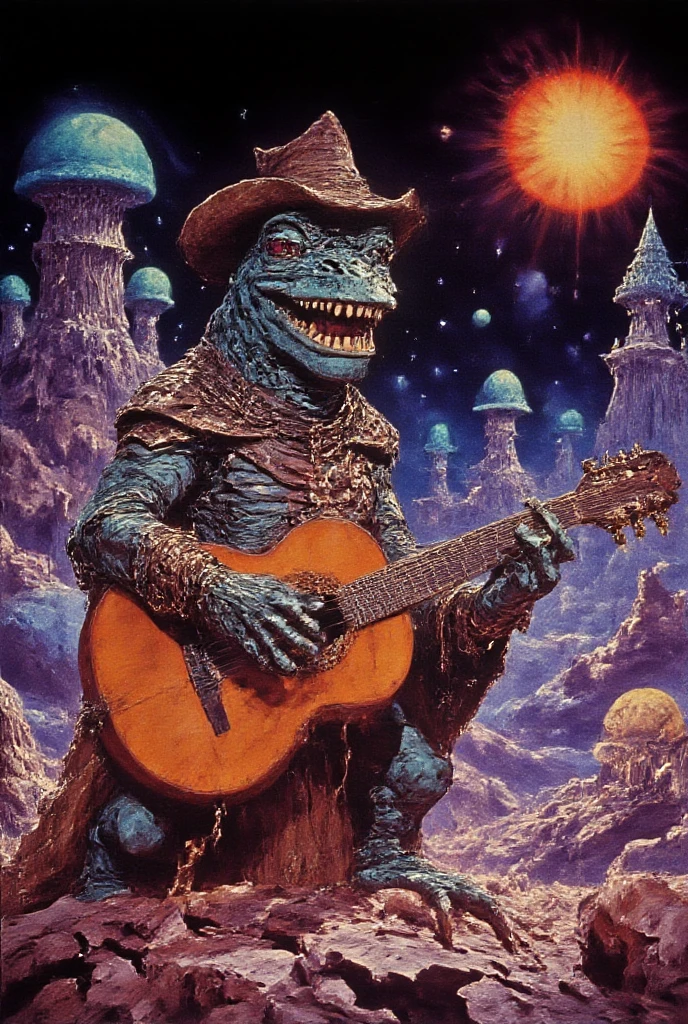 oil painting, A vibrant and psychedelic illustration of an anthropomorphic frog wearing a cowboy hat, playing guitar in the style of Alex Grey, set against a backdrop of colorful mushrooms under a starry sky. The scene is filled with surreal elements like floating islands and glowing celestial bodies, creating an otherworldly atmosphere. This artwork captures motion blur, adding to its trippy effect. --ar 85:63