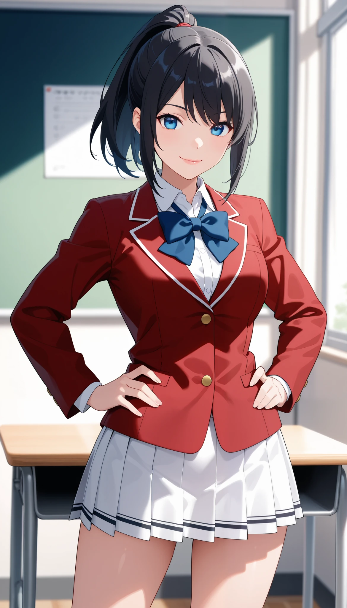  masterpiece, best quality, high resolution, a girl ,solo, ponytail hair, black hair, blue eyes, school uniform, blue bowtie, red blazer, long sleeves, pleated skirt, white skirt,thigh, standing , smile,closed mouth,glossy lips, standing ,hands on hip ,glossy lips, cowboy shot, from front , in classroom 