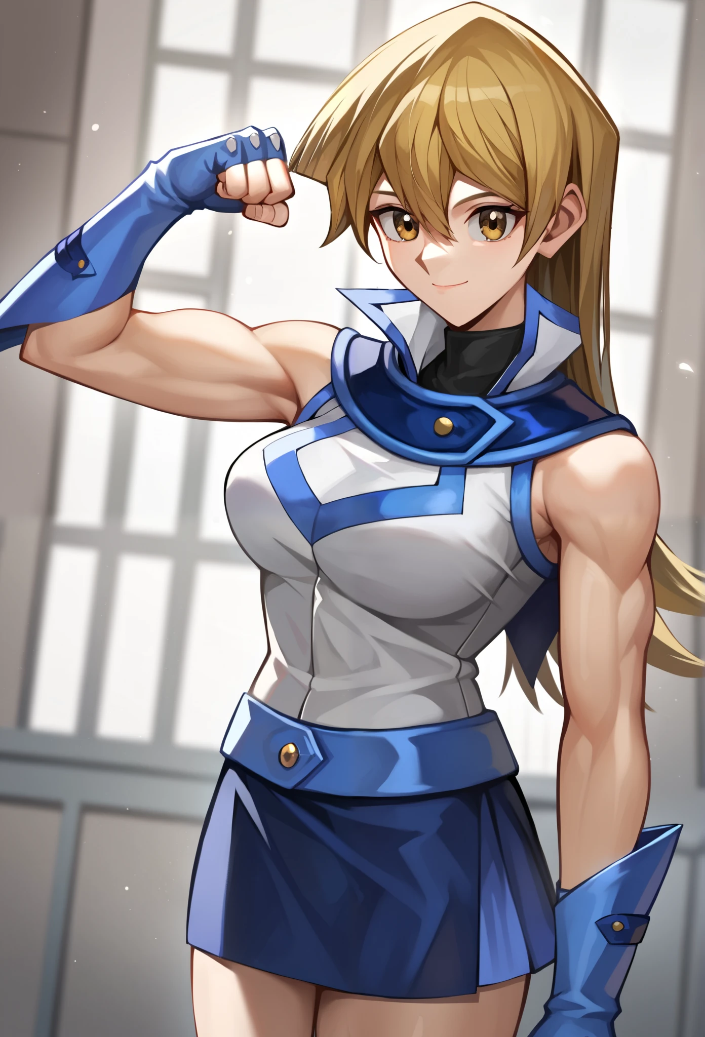 score_9, score_8_up, score_7_up, score_6_up, score_5_up, score_4_up, source_anime, Alexis Rhodes, Tenjouin Asuka, 203_wolves, Yu-Gi-Oh GX, 1girl, solo, toned, flexing, blonde hair, obelisk blue uniform, skirt, smile, closed mouth, tenjouin_asuka, duel_academy_uniform_\(yu-gi-oh!_gx\), blue_skirt, white_jacket, miniskirt