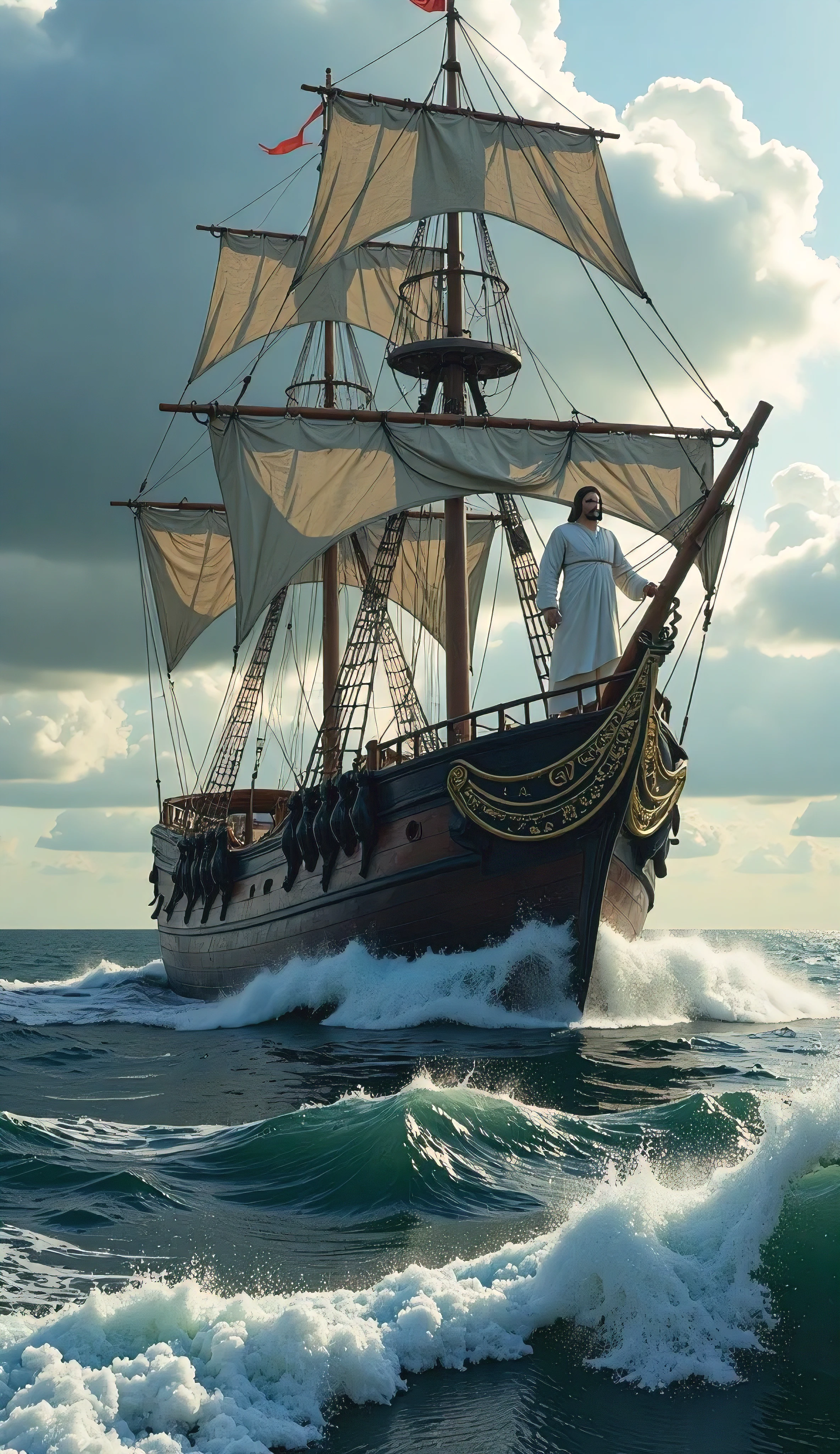  Jesus in a big boat  .a pirate ship  , Jesus stands still while the waves bounce off the ship