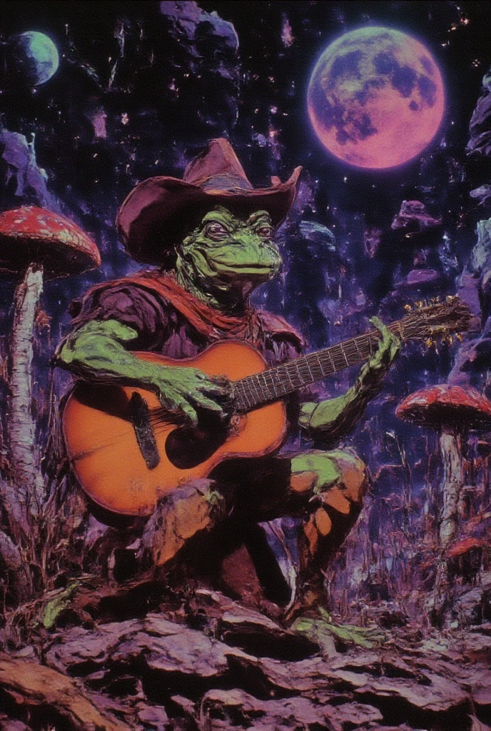 oil painting, A vibrant and psychedelic illustration of an anthropomorphic frog wearing a cowboy hat, playing guitar in the style of Alex Grey, set against a backdrop of colorful mushrooms under a starry sky. The scene is filled with surreal elements like floating islands and glowing celestial bodies, creating an otherworldly atmosphere. This artwork captures motion blur, adding to its trippy effect. --ar 85:63