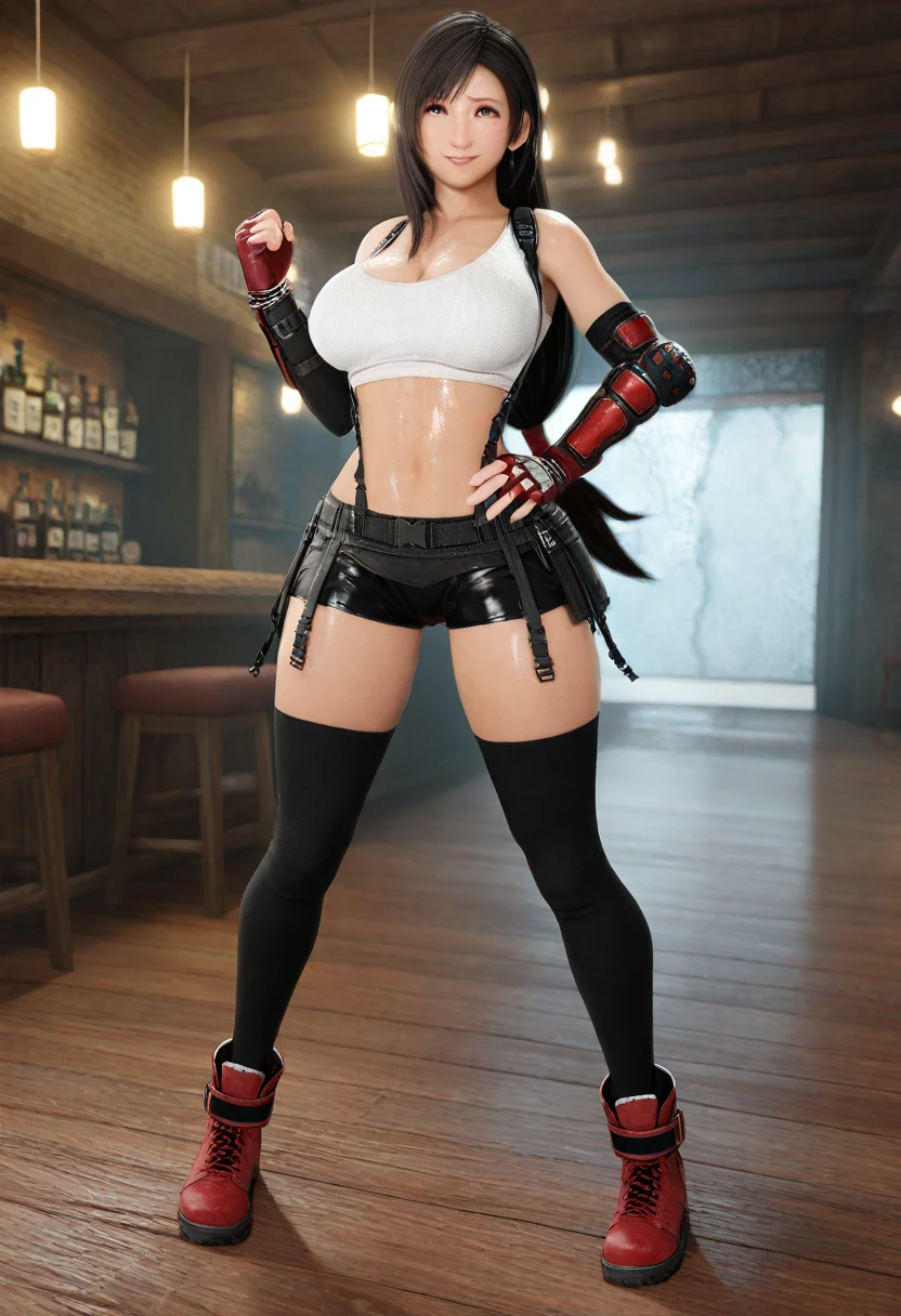  masterpiece,  better quality, Very awa , highres, absurdres, shadow, 3D,  side lighting, bloom, lens flare,  light particles ,
1 girl,  Tifa Lockhart \(\), Final Fantasy,
Standing,  raise your hand , closed fist,  hand on the hip,  full body,  combat posture,
 Looking at the spectator ,  ironic smile ,
Ojos rojos,  black hair,  long hair, low-tied  long hair,  brown hair ,  swept bangs ,
 curvilinear ,  big breasts, thighs, neckline, make-up,  Thick lips,
 fingerless gloves, black flick,  bare shoulders, Crop top,  white tank top , extremely detailed , midriff, neckline,  shiny leather, wet, red gloves, red shoes, ankle boots ,  thigh-high black stockings,
bar \(Place\), Interiors, lantern, alcohol,
