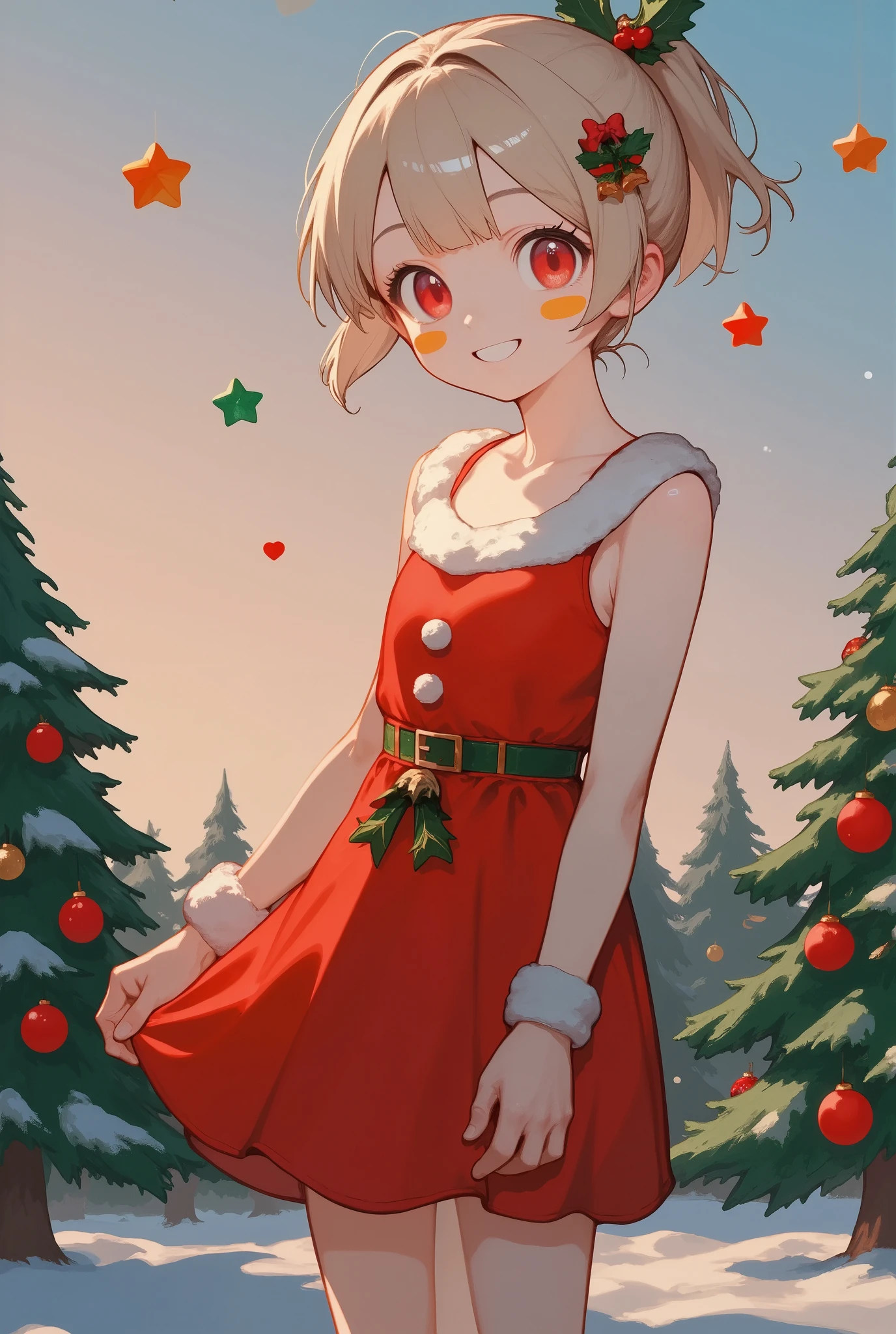 xmas cute, anime, close-up shot, upper body, portrait of a cute girl with long ginger hair, she smile timidly, holding a cake, she standing in a cozy wood house, house decor with Christmas theme, warm lighting, high detail, bight color