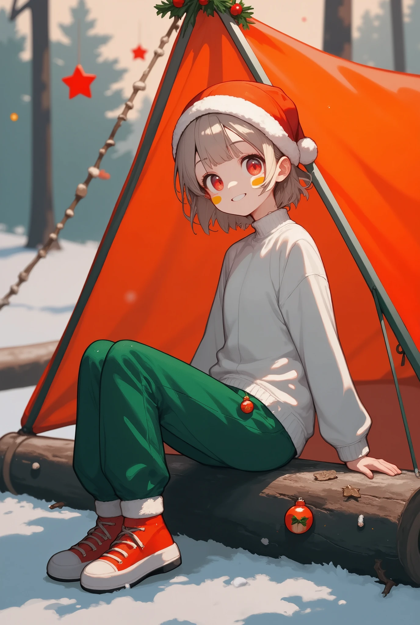 xmas cute, a beautiful young blond woman camping the wood, she wearing an fleece jacket, sweatpants and gray wool hat, she sitting outside of her orange tent on a wood log, she holding a thermos, a light-up camping lantern next to her, winter season, cozy atmosphere, sunset, sunset light, back lighting, depth of field, intricate detailed