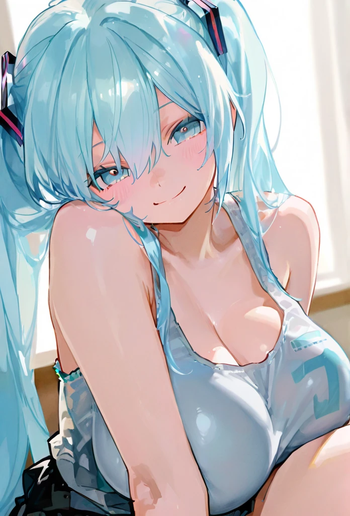  top quality , masterpiece,   748cm style  ,   1 girl,        top quality,    smile、,  Hatsune Miku ,   light blue hair ,  light blue eyes, 2 hair ties ,、very huge big boobs、