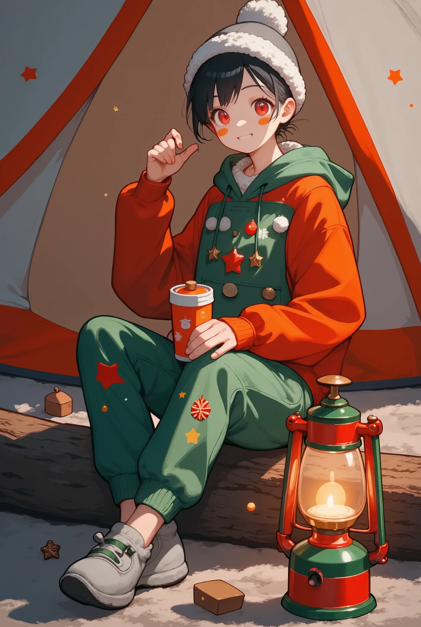 xmas cute, a beautiful young blond woman camping the wood, she wearing an fleece jacket, sweatpants and gray wool hat, she sitting outside of her orange tent on a wood log, she holding a thermos, a light-up camping lantern next to her, winter season, cozy atmosphere, sunset, sunset light, back lighting, depth of field, intricate detailed