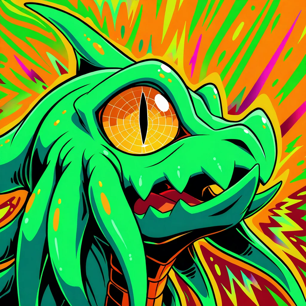 (masterpiece), best quality, solo, no humans, Cthulhu lizard with green and orange color palette with background




