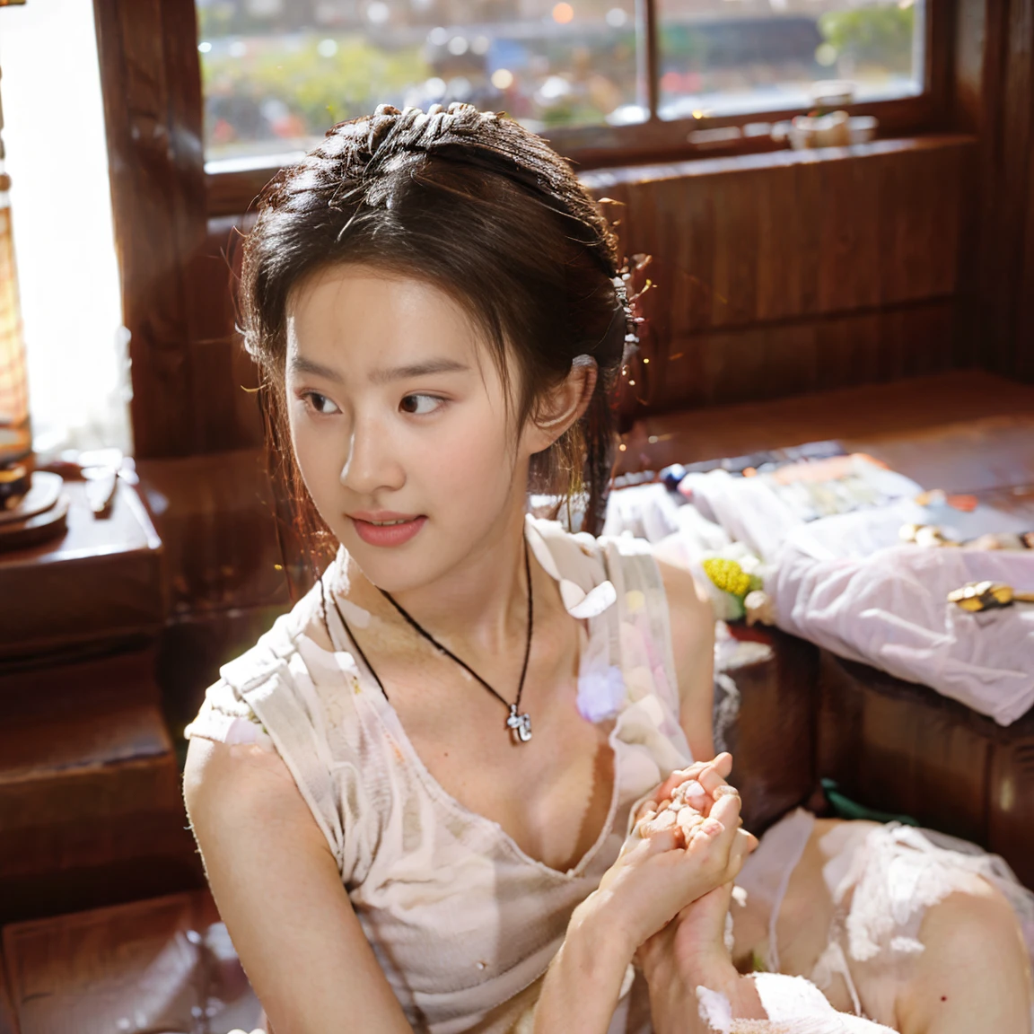 (((nsfw))),8k high quality, best quality, masterpiece, perfect movie quality, half-length, an 18-year-old girl, wearing Hanfu, exposing her breasts and pink nipples, looking at the camera with a smile, she has a double bun hairstyle and a pearl headdress , wearing a pearl necklace, holding a bowl of Chinese glutinous rice dumplings in both hands, putting the Lantern Festival on her chest, sitting in a room with a Chinese building, there is a tea set on the table, a window behind, the light shines brightly on the body, making the breasts and body oily charming