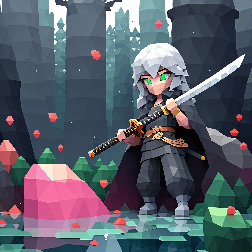 A mysterious swordsman with long silver hair and glowing green eyes, wearing a tattered black cloak. They stand in a moonlit forest with sakura petals gently falling around them, holding a katana with intricate dragon engravings. (low poly:1.2)