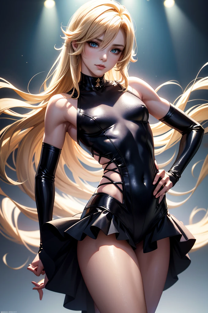 Close up of a smiling woman,black leather pants,Plump long legs,Blonde hair,GREEN eyes,Very fleshy,Sweat all over the body,The legs are thicker,But the waist is thin,Bodysuit,Gradient black silk,The expression is charming,Exposing armpits,rich detail