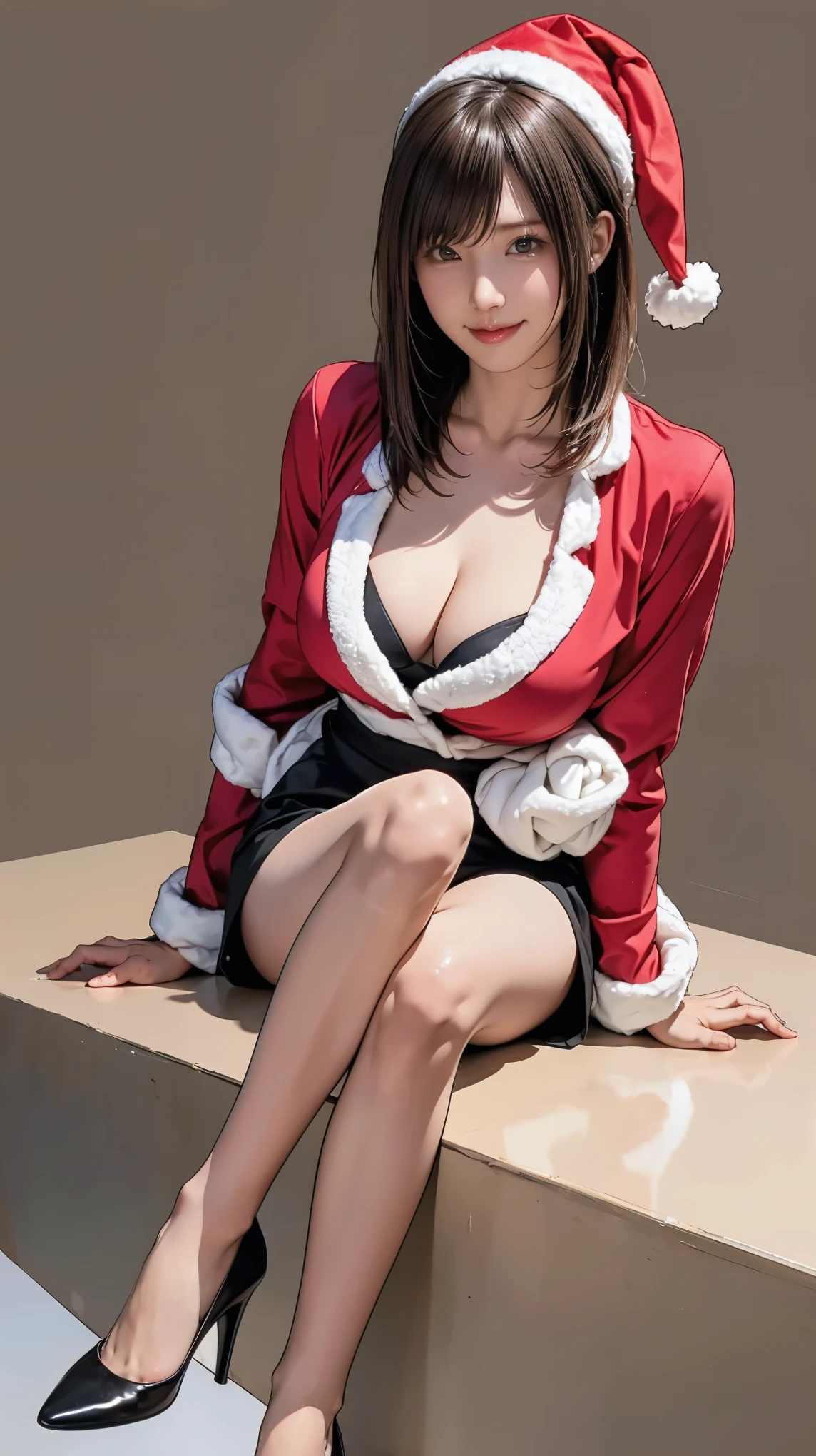 girl with、starryskybackground、A dark-haired、The long-haired、Contrasting bangs、(((underboob:1.5、Medium :)))Red One Piece、bow ribbon、Christmas、santa claus、with blush cheeks、Smiling、kawaii、
