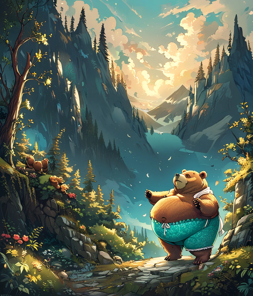 style of Dan Mumford, (cute, fat, obese, anthro, male, bear), solo, full body, fur, ((cyan underwear)), mountain, dynamic pose, hires textures, highly detailed, intricate details, best quality, masterpiece