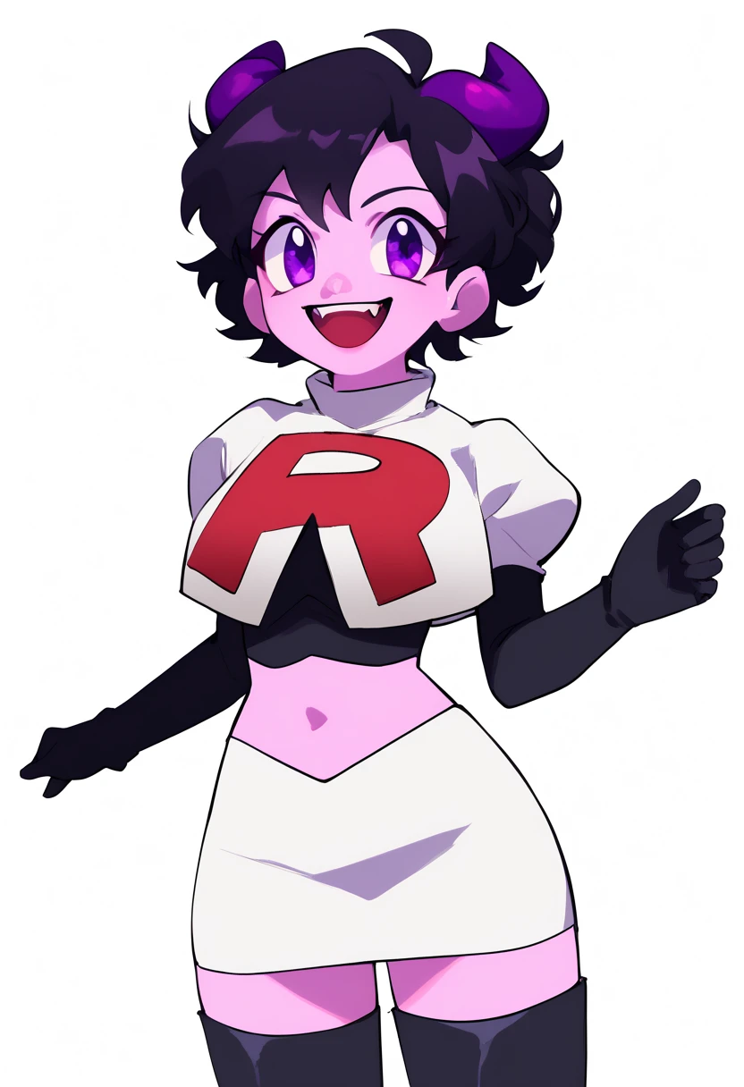 jellybean_yt, solo, looking at viewer, smile, short hair, open mouth, black hair, 1girl, white background, purple eyes, female focus, horns, teeth, colored skin, fangs, team rocket,team rocket uniform,white skirt,red letter R,crop top,black thigh-highs,black elbow gloves, source