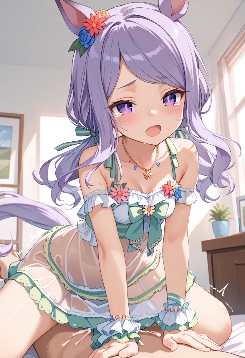 mejiro mcqueen (umamusume), mejiro mcqueen (ripple fairlady) (umamusume), animal ears, anklet, bare shoulders, bikini, bikini under clothes, blush, dress, green bikini, horse ears, horse girl, horse tail, jewelry, long hair, low twintails, necklace, official alternate costume, purple eyes, purple hair, see-through, see-through dress, swimsuit, tail, twintails, dress swimsuit, ear flower, swept bangs, alternate costume, collarbone, highres, violet eyes, ear ornament, flower bracelet, parted bangs, flower, frilled dress, frills, hair flower, hair ornament, alternate hairstyle, green ribbon, hair ribbon, ribbon, official alternate hairstyle, bangs, bow, casual one-piece swimsuit, green bow, hair bow, one-piece swimsuit, sleeveless, sleeveless dress, cleavage,in the room , on the bed,nsfw,female focus,(Perfect hands),(Perfect Anatomy),(perfect pussy),(masterpiece),(highest quality) ,(highest quality eyes1.8), (Staring at me:1.4), [closed eyes: (empty eyes:1.4):11], (blush:1.4), open mouth, (afterglow:1.3),(Tearful eyes:1.3),(orgasm:1.6),uncensored,1 girl, sex,(cowgirl position), (Leaning forward:1.3) ,Collapse,(nude),pleased, (little breasts:1.4),Curvy, (girl trembling with sexual climax:1.4),(nipples),(embarrassed:1.2),1 boy,(pov),(shota:1.5),(onee-shota:1.4),((faceless boy))