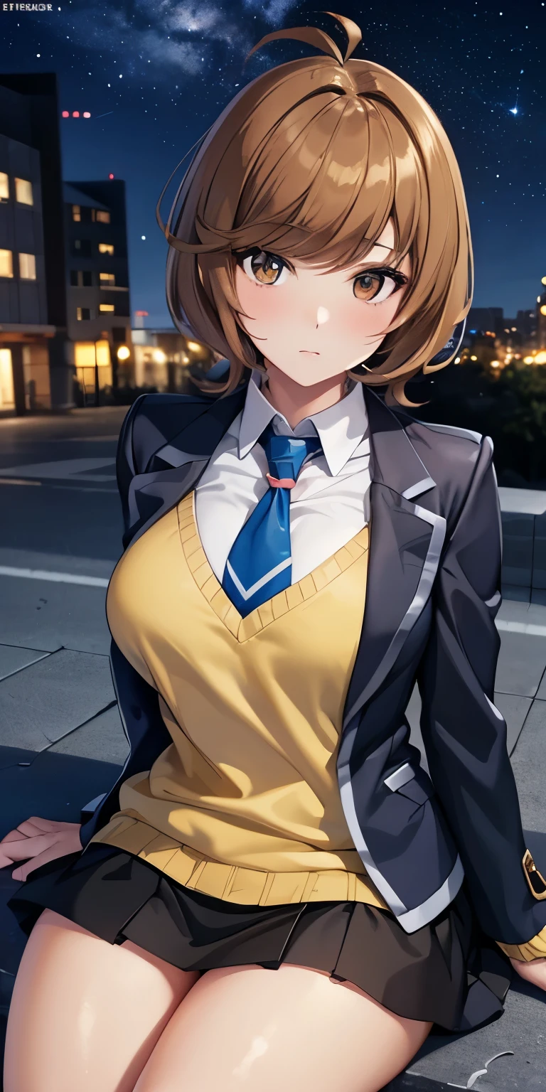 1 Female,High definition,high resolution,Ultra-realistic,8K, hmza, short hair, antenna hair, brown eyes, school uniform,( blue necktie), (yellow shirt),(black jacket), long sleeves, black skirt,tight skirt , ((miniskirt)),European,sexy,Upper body close-up,Photographed from the front,Dynamic Angles,private teacher,blush, medium tits ,outdoors, moonlight, dark sky, buildings,full body,4k, ultra high definition, perfect face, detailed face , sitting ,(pov, closed shot:1.2), thinking , shooting star ,wide thighs