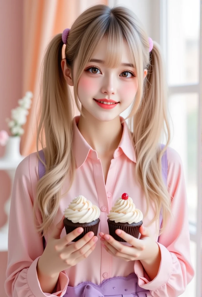  realistic ,photo  realistic , cute girl\(20 years old, twin tails,  holding cupcakes , smile, two-sided fabric that closes \),pastel,
pastel pink and purple tones,
 Soft Orange ,  twin tails,  holding cupcakes , smile, two-sided fabric that closes ,   Intricate Details , pastel colors,  white stockings ,  elegant background with soft drapes, bright lighting, Adorable pose,  Cute Style ,  sweet and innocent atmosphere  ,   delicate accessory  ,  fantasy atmosphere, soft glow