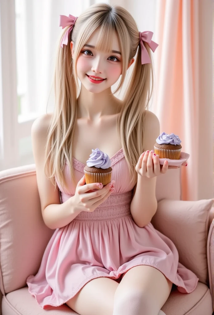  realistic ,photo  realistic , cute girl\(20 years old, twin tails,  holding cupcakes , smile, two-sided fabric that closes \),pastel,
pastel pink and purple tones,
 Soft Orange ,  twin tails,  holding cupcakes , smile, two-sided fabric that closes ,   Intricate Details , pastel colors,  white stockings ,  elegant background with soft drapes, bright lighting, Adorable pose,  Cute Style ,  sweet and innocent atmosphere  ,   delicate accessory  ,  fantasy atmosphere, soft glow