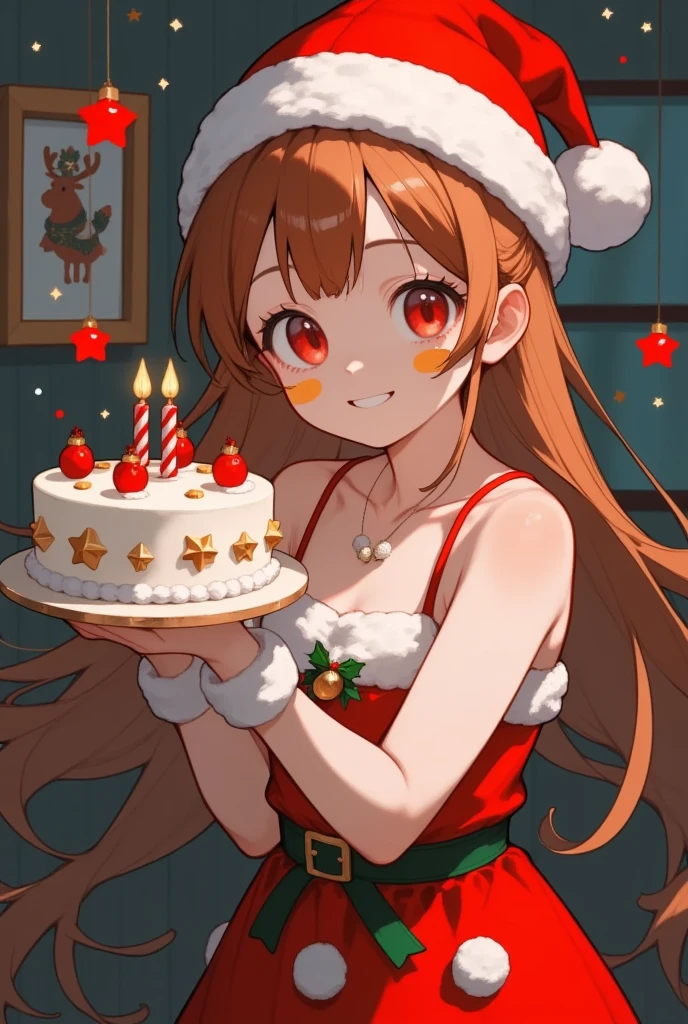 xmas cute, anime, close-up shot, upper body, portrait of a cute girl with long ginger hair, she smile timidly, holding a cake, she standing in a cozy wood house, house decor with Christmas theme, warm lighting, high detail, bight color