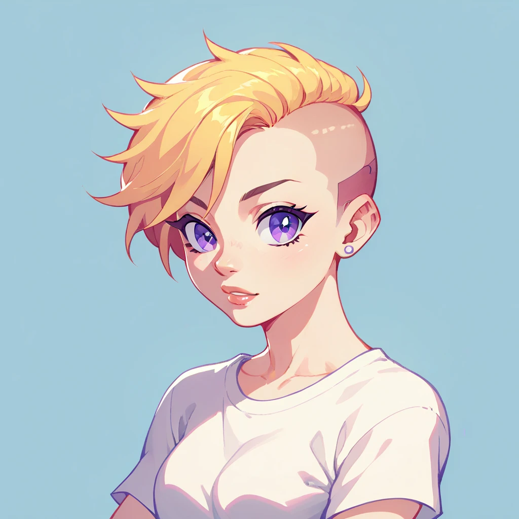 ((Highest Quality))), (Simple background), Solo, 1girl, Purple Eyes, Blonde Hair, undercut