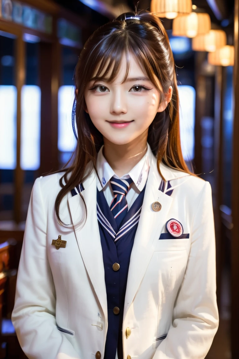  one girl,  Japanese,  half Scandinavian , Brown Hair,  long hair,  long lashes,  big eyes,  well-prepared face,  plump lips ,  provocative smile ,　white, fine skin, White blazer, uniform, School badge on chest ,  with hands in pockets,  charming, god々Shii, 美Shii女の子, ((  delicate facial features ,  eroticism)), Dramatic lighting ,  realistic  , 8k, Dramatic Shadows ,  intricate and elaborate pattern  ,  is  , 美Shii色 , Deep Contrast  ,  super real 、 cinematic composition、