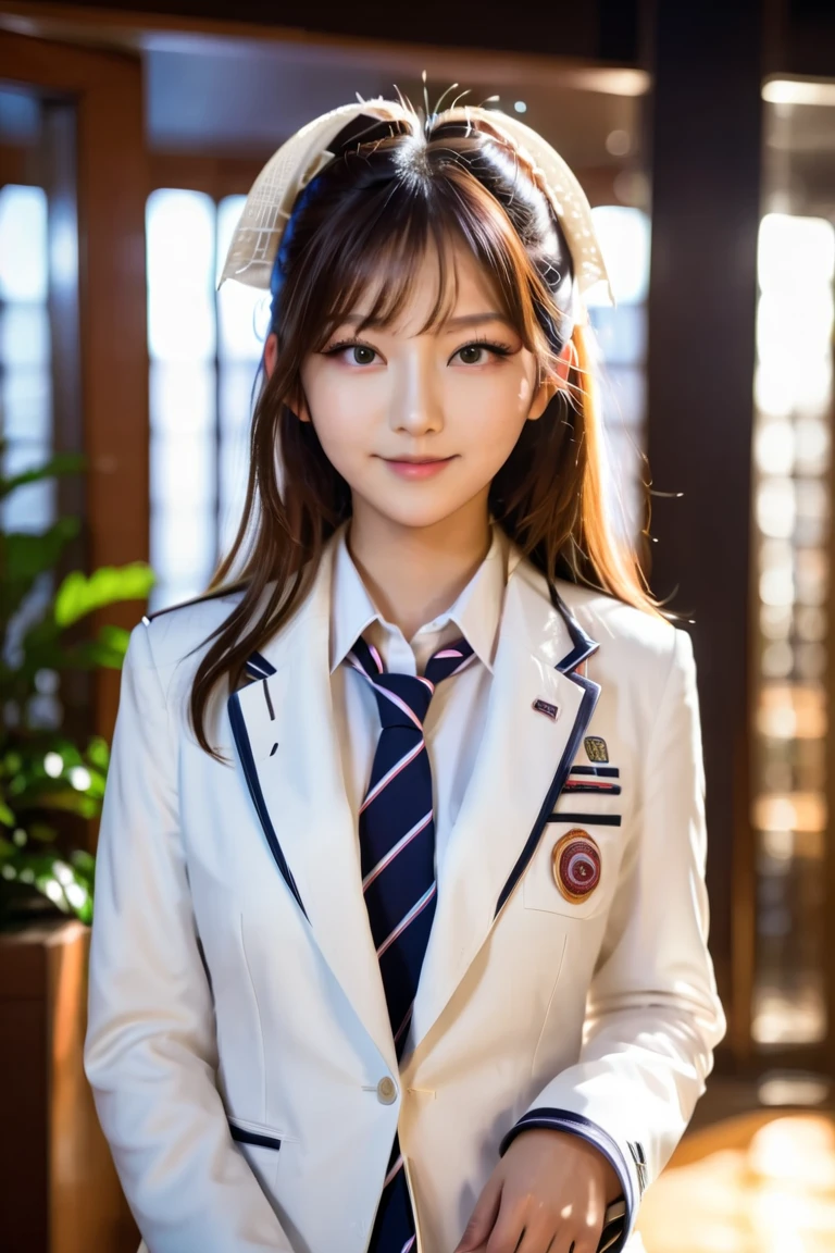  one girl,  Japanese,  half Scandinavian , Brown Hair,  long hair,  long lashes,  big eyes,  well-prepared face,  plump lips ,  provocative smile ,　white, fine skin, White blazer, uniform, School badge on chest ,  with hands in pockets,  charming, god々Shii, 美Shii女の子, ((  delicate facial features ,  eroticism)), Dramatic lighting ,  realistic  , 8k, Dramatic Shadows ,  intricate and elaborate pattern  ,  is  , 美Shii色 , Deep Contrast  ,  super real 、 cinematic composition、