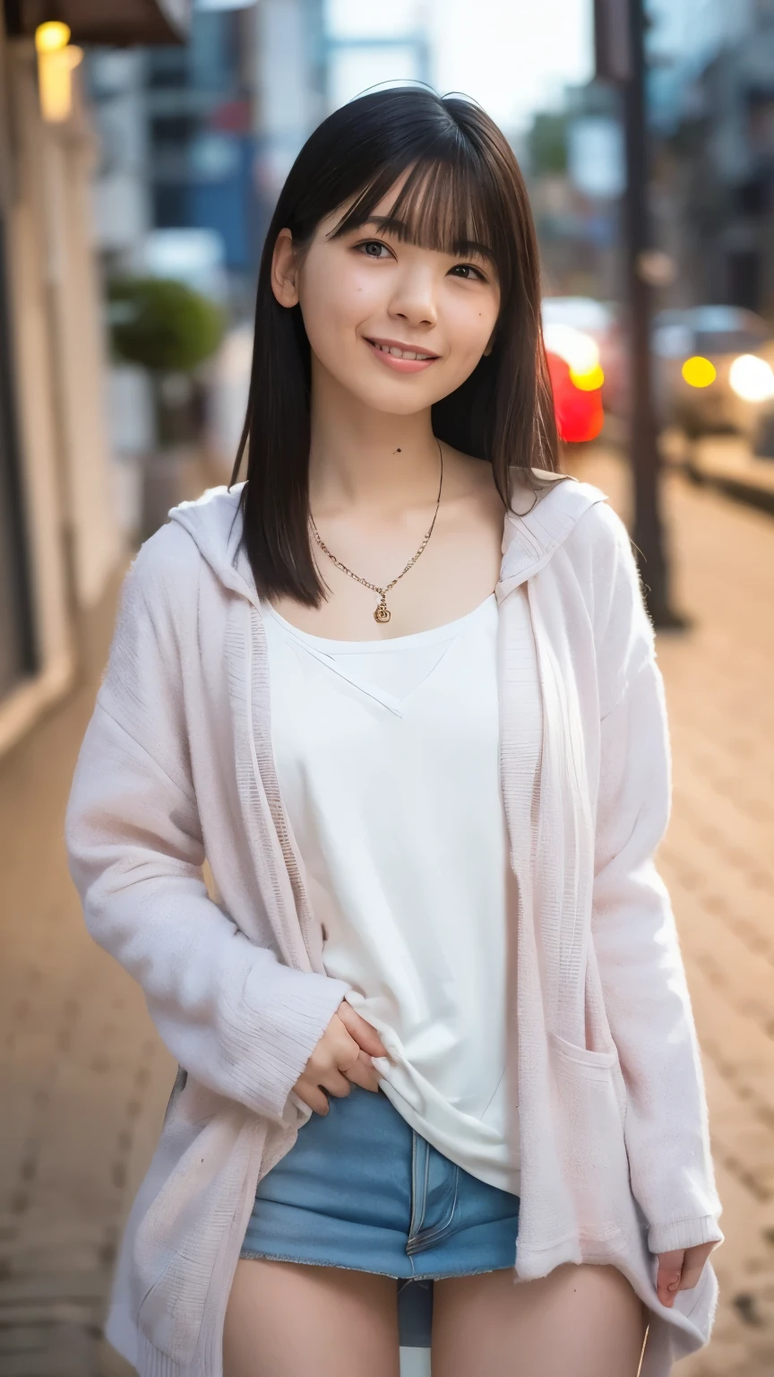 (( high resolution images, masterpiece, atmospheric perspective , 8k, super detailed , Accurate, top quality , Single Shot )), ( Casual Style ), jacket, open shirt, swollen areolas, (Round face, Realistic eye size, Droopy eyes, , smile), ((( from foot to head ))), (In the Night), Blonde, small earrings , thin due to small things necklace, (Light Makeup), miniskirt、