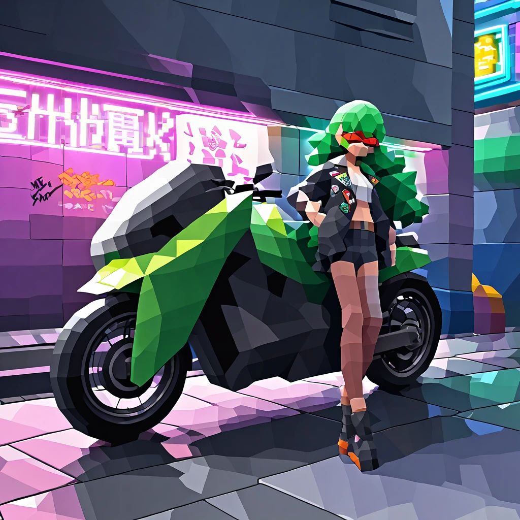 A rebellious biker with wild green hair and a torn leather jacket covered in graffiti-style patches. They lean against a futuristic motorcycle in an urban alley, the neon lights of the city reflecting off their reflective shades. (low poly: 1.2)