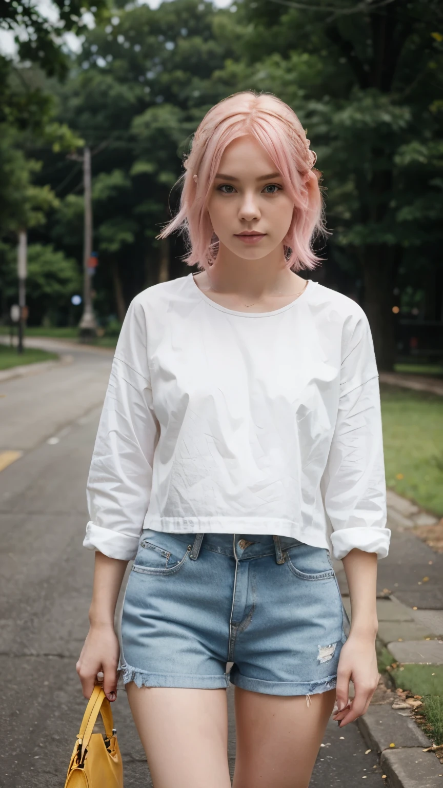 her name is Amelie, high quality, 1girl, ((25-year-old fit Caucasian woman)), ((25 years old)), ((BODY TYPE: HOURGLASS)), ((Grunge Bob pink hair)), pose: standing, wearing SOPHISTICATED courant Generation-Z modern wear bright colored, BACKGROUND: "Walking through the elegant Andrássy Avenue, with its grand buildings, luxury shops, and cultural landmarks."