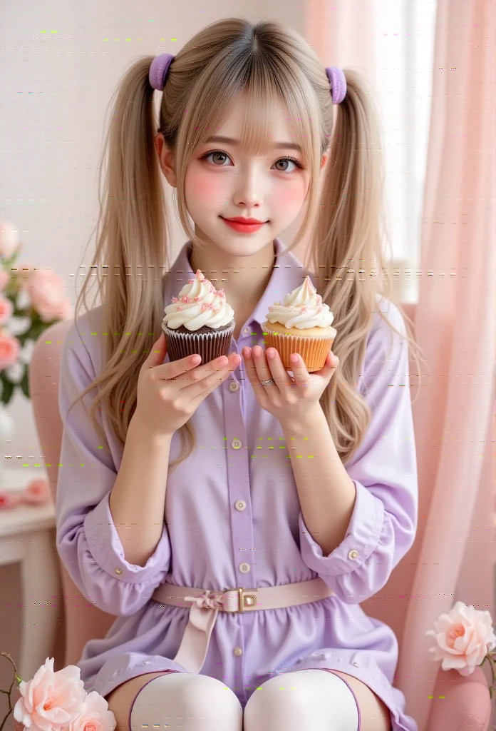  realistic ,photo  realistic , cute girl\(20 years old, twin tails,  holding cupcakes , smile, two-sided fabric that closes \),pastel,
pastel pink and purple tones,
 Soft Orange ,  twin tails,  holding cupcakes , smile, two-sided fabric that closes ,   Intricate Details , pastel colors,  white stockings ,  elegant background with soft drapes, bright lighting, Adorable pose,  Cute Style ,  sweet and innocent atmosphere  ,   delicate accessory  ,  fantasy atmosphere, soft glow