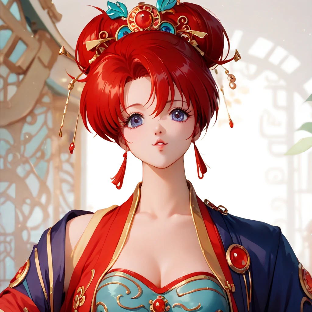 (( top quality )), ((masterpiece)), ( Details), （ perfect face）、Yoko Asagiri with red hair wears the gorgeous Han costume of the empress of ancient China and snuggles up with the man of the ancient Chinese emperor at the ancient Chinese court