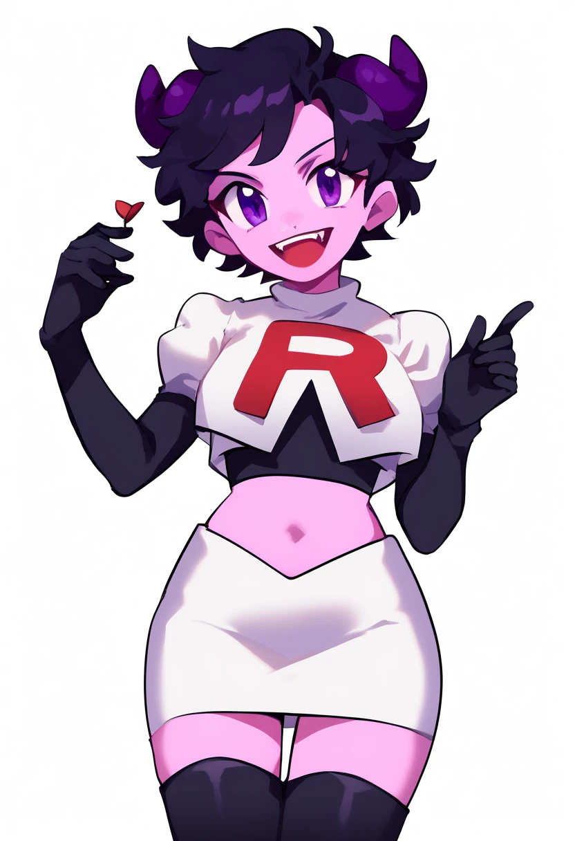 jellybean_yt, solo, looking at viewer, smile, short hair, open mouth, black hair, 1girl, white background, purple eyes, female focus, horns, teeth, colored skin, fangs, team rocket,team rocket uniform,white skirt,red letter R,crop top,black thigh-highs,black elbow gloves, source