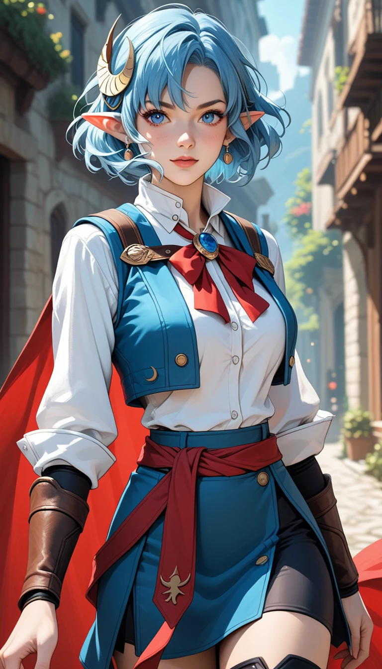 Score_9, score_8_up, score_7_up, source_real, rating_safe, rating_questionable, rena lanford, 1woman, blue hair, short hair, blue eyes, pointy ears, crescent hair ornament, red cape, open blue vest, leather armor, (no shirt under vest:1.37), red ribbon, waist ribbon, tight blue skirt, high slit micro miniskirt, cropped at knees, dynamic action poses