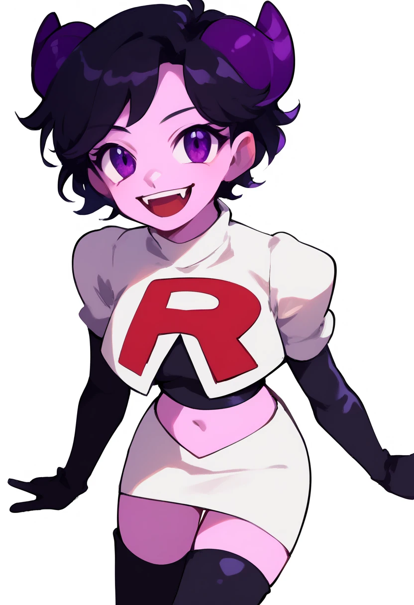 jellybean_yt, solo, looking at viewer, smile, short hair, open mouth, black hair, 1girl, white background, purple eyes, female focus, horns, teeth, colored skin, fangs, team rocket,team rocket uniform,white skirt,red letter R,crop top,black thigh-highs,black elbow gloves, source