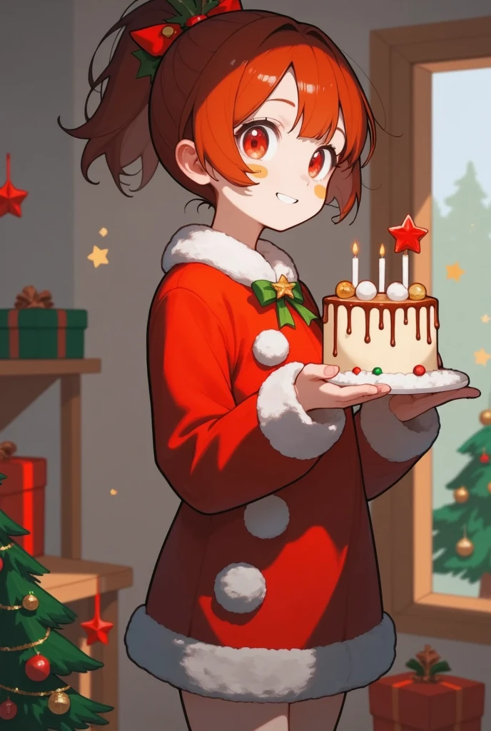 xmas cute, anime, close-up shot, upper body, portrait of a cute girl with long ginger hair, she smile timidly, holding a cake, she standing in a cozy wood house, house decor with Christmas theme, warm lighting, high detail, bight color