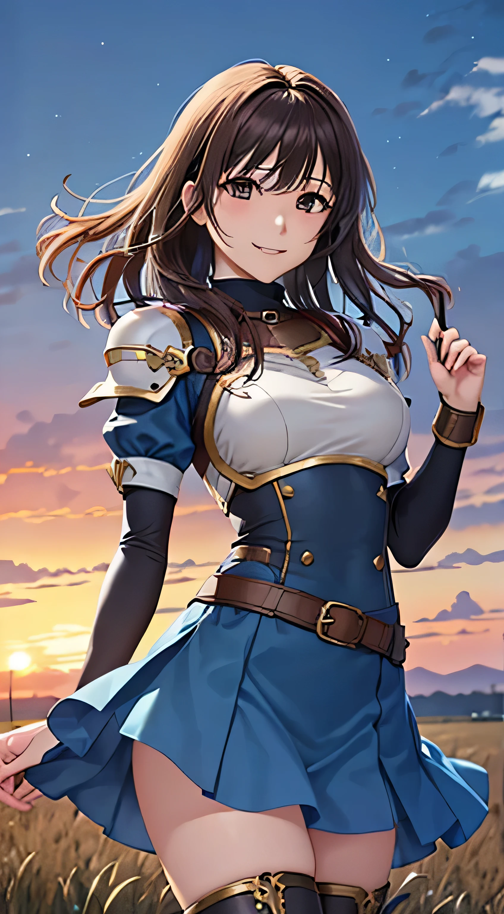 (( , top quality, , Pixel Perfect , 4K,))), 1 Woman , 、 (( medium wave hair 、, light brown hair 、 )), (( brown eyes , beautiful eyelashes , realistic eyes)), (( detailed face , )), (( smooth texture:0.75, realistic texture:0.65, realistic :1.1, anime CG style)), pose using medium bust , dynamic angle , perfect body , (( , ,, , , , Blue Dress , blue long flared skirt,Gold Shoulder Armor 、 knee-high boots , gold and black arm guards , belt、 、)), ((( with no sense of incongruity , hold the skirt with your hand)))、 cross necklace 、 the wind is blowing 、 ( Vast Prairie )、I can see the sea in the distance 、、、 、 cute smile、A shy, bright red smile 、 Stick Out Your Butt、、、、white and light blue lace panties)