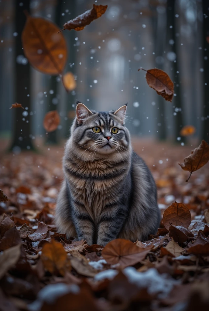 realism, cat, first snow, flakes, partial snow cover, cinematic film still, breathtaking, Falling leaves, melancholic mood, papery texture,  nature's whispered farewell in rustling gusts, photo-realism, film grain, film still, bokeh, intricately detailed, , perfect composition, beautiful detailed intricate insanely detailed octane render trending on artstation, 8 k artistic photography, photorealistic concept art, soft natural volumetric cinematic perfect light, chiaroscuro, award - winning photograph, masterpiece, oil on canvas, raphael, caravaggio, greg rutkowski, beeple, beksinski, giger