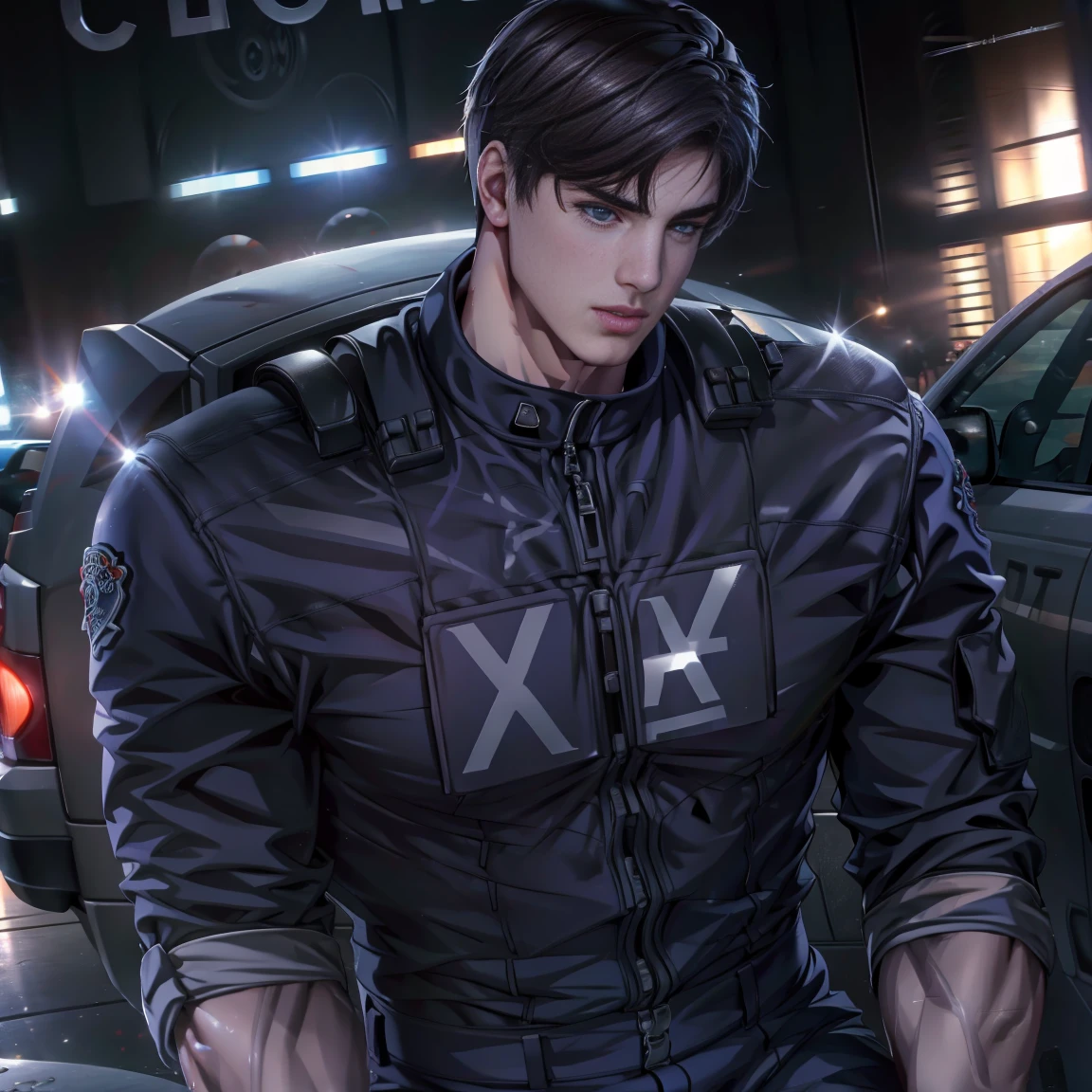 (High resolution CG), ( top quality ), (High resolution CG), ( top quality ), Backstreets,. Kennedy, SWAT Clothing,       beautiful and charming young man,    muscular and tight  ,