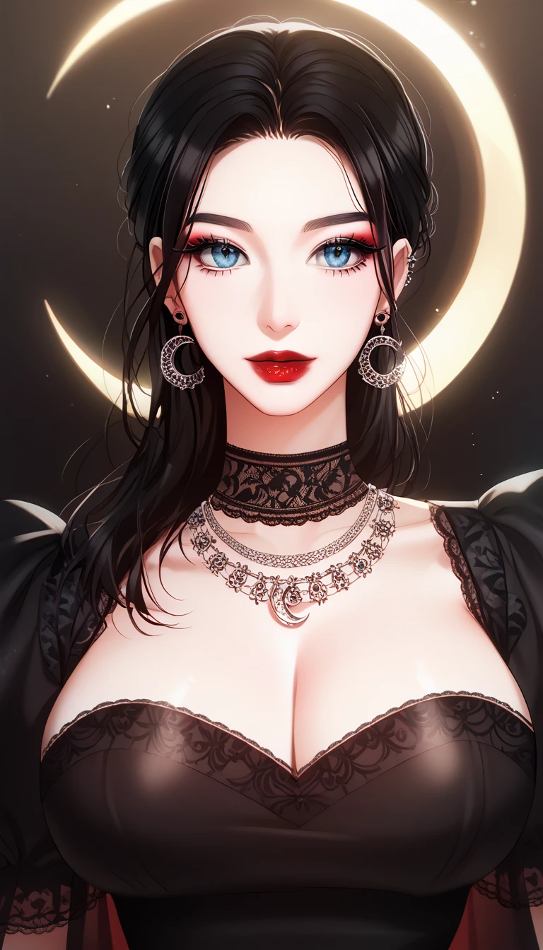 high quality, 8K Ultra HD, paintings with a Victoria Frances-like atmosphere, (holding Deepak), Detailed illustration of a fantastic beautiful woman, (beautiful face), (mature woman), perfect face, perfect eyes, perfect nose, perfect lips, paintings with a mysterious touch, outdoor background, (dark forest background), (night), full moon, awesome full color, little smile, (red lips), blush on face, (blush), ((silver eyes)), (((silver eyes))),((dark brown hair)), (((wearing a black and white silk saree with intricate patterns))), ((red bindi between the eyebrows)), (((red bindi))), cinematic blue tone, cinematic colour grading ,long earrings, sagging breasts , cleavage