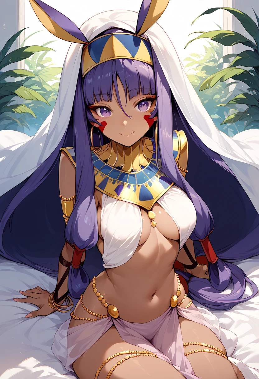 masterpiece, high definition , top quality,8k
(Nitocris,purple Hair, purple Eyes )
(Harem Costume)
smile,