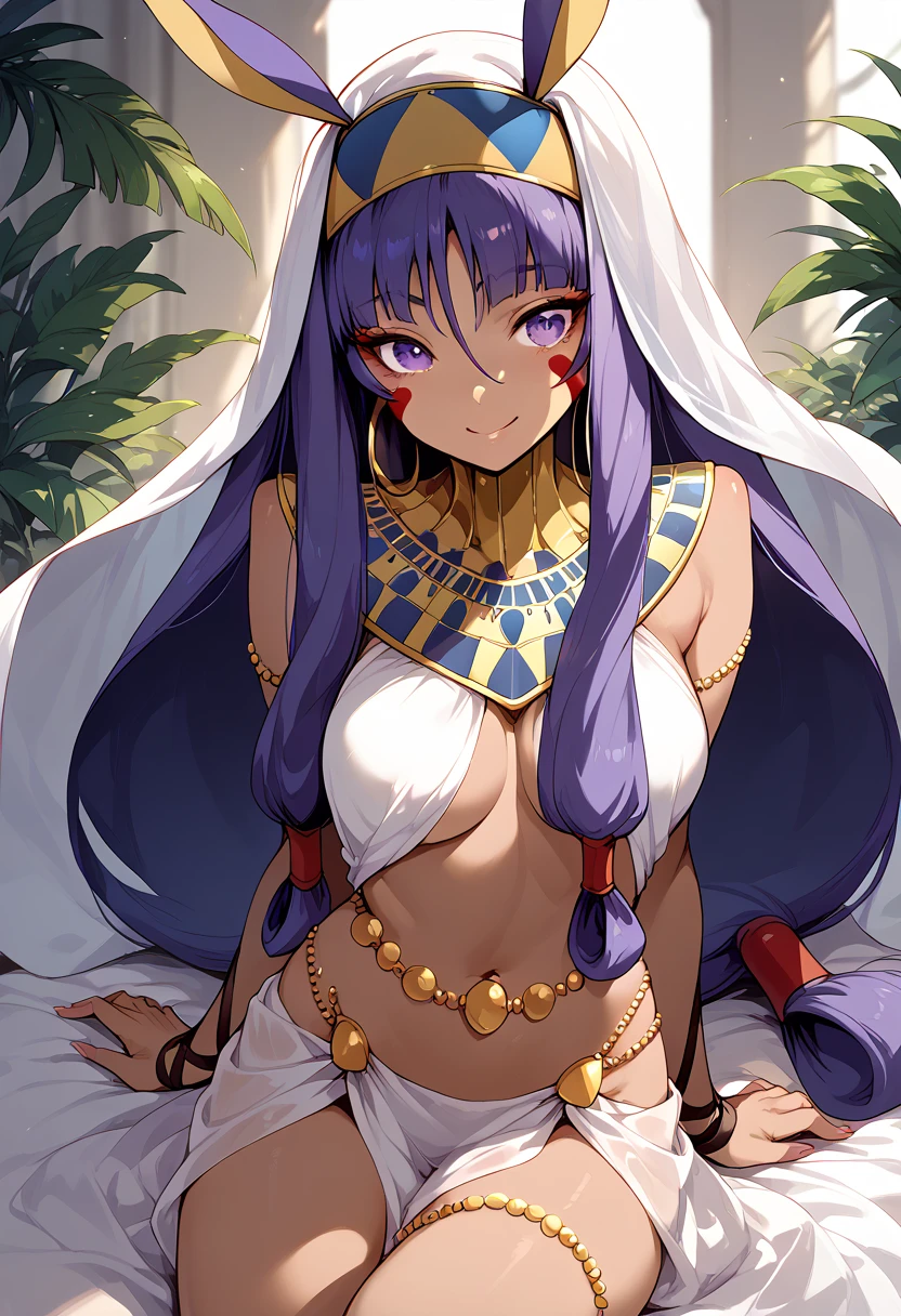 masterpiece, high definition , top quality,8k
(Nitocris,purple Hair, purple Eyes )
(Harem Costume)
smile,