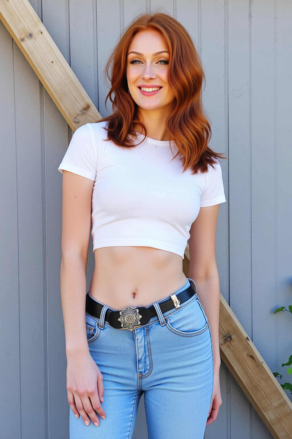 emmaleiah. The photograph features a young woman standing outdoors against a textured, grey metal wall with a diagonal wooden beam. She is dressed in casual, farm-inspired attire. She is wearing a fitted, short-sleeve white crop top that accentuates her athletic build and medium-sized breasts. Her jeans are high-waisted, light blue denim with a black belt featuring a large, ornate silver buckle. The belt cinches around her slim waist, highlighting her toned midriff. redhead, Spicy_Hot_Red