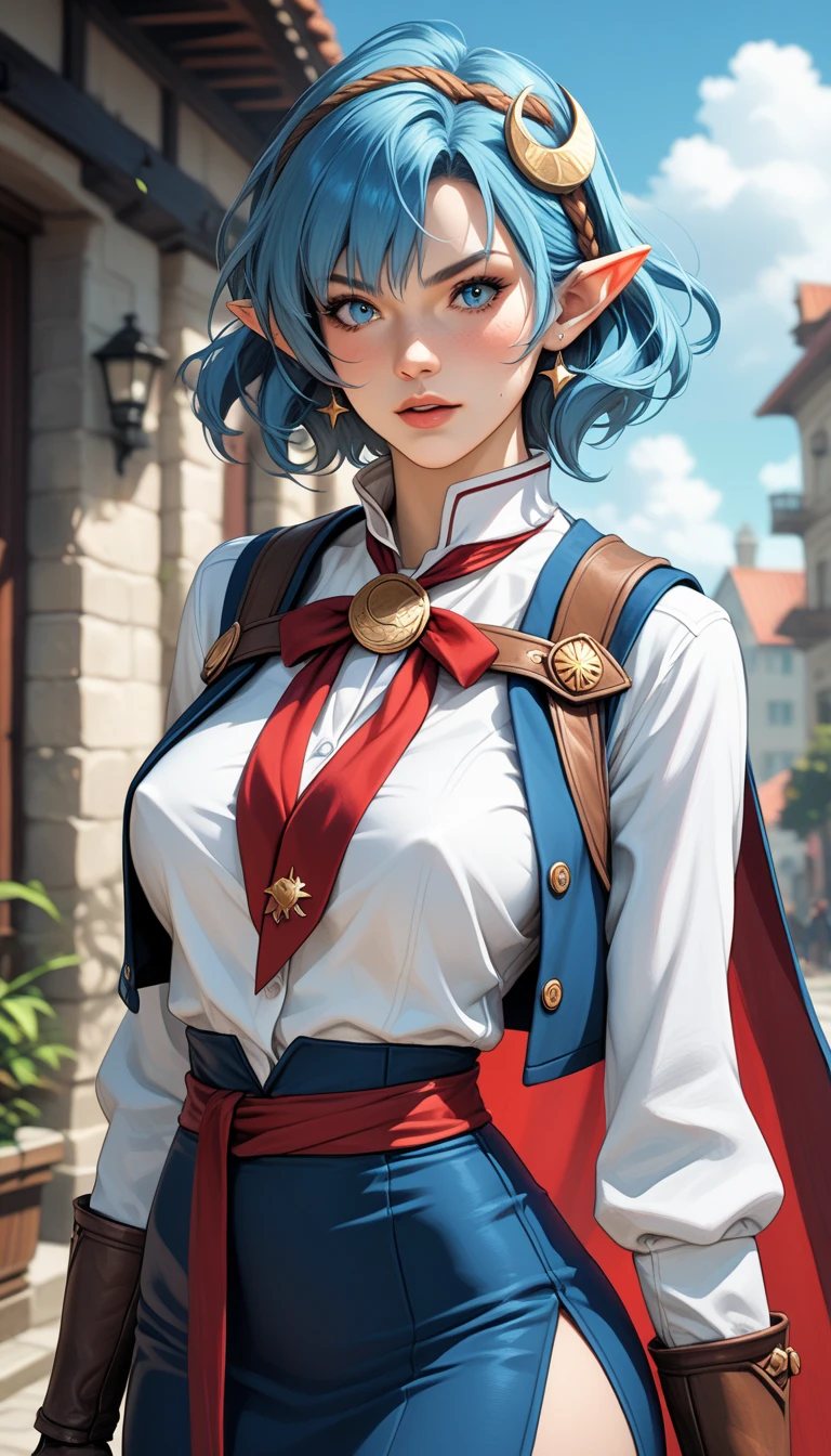 Score_9, score_8_up, score_7_up, source_real, rating_questionable, rena lanford, 1woman, blue hair, short hair, blue eyes, pointy ears, crescent hair ornament, red cape, leather armor, (no shirt under vest:1.37), erect nipples, red ribbon, waist ribbon, tight blue skirt, (high slit micro miniskirt) , cropped at knees, dynamic action poses