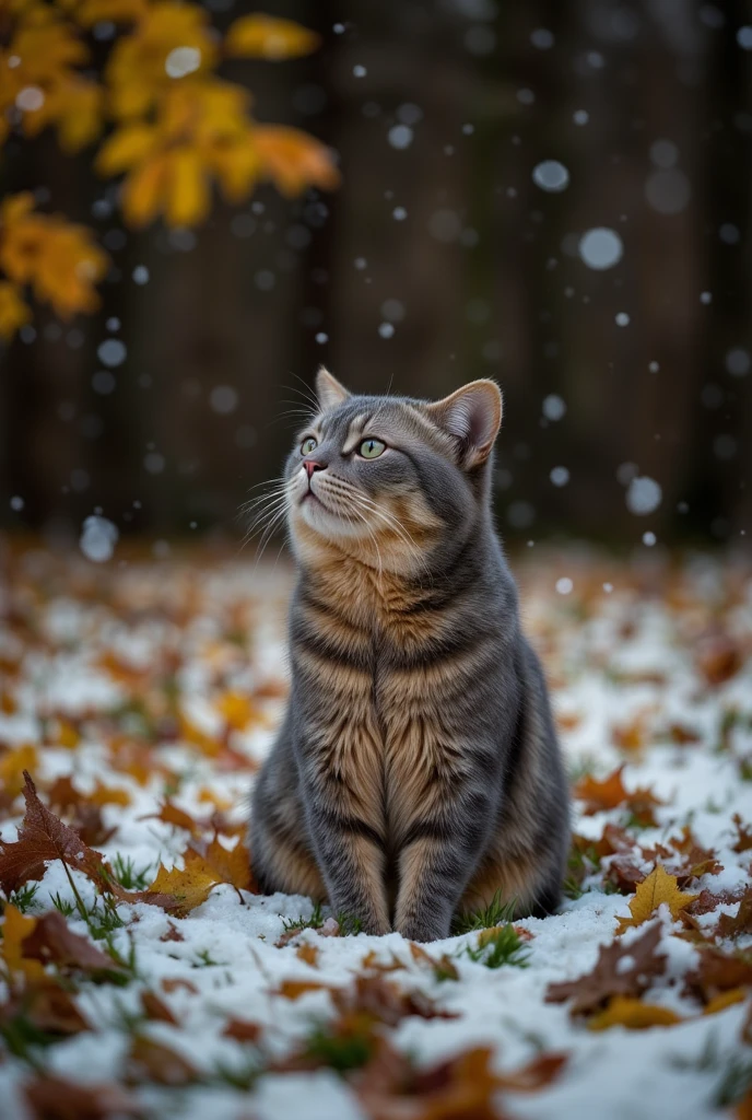 realism, cat, first snow, flakes, partial snow cover, cinematic film still, breathtaking, Falling leaves, melancholic mood, papery texture, nature's whispered farewell in rustling gusts, photo-realism, film grain, film still, bokeh, intricately detailed, , perfect composition, beautiful detailed intricate insanely detailed octane render trending on artstation, 8 k artistic photography, photorealistic concept art, soft natural volumetric cinematic perfect light, chiaroscuro, award - winning photograph, masterpiece, oil on canvas, raphael, caravaggio, greg rutkowski, beeple, beksinski, giger