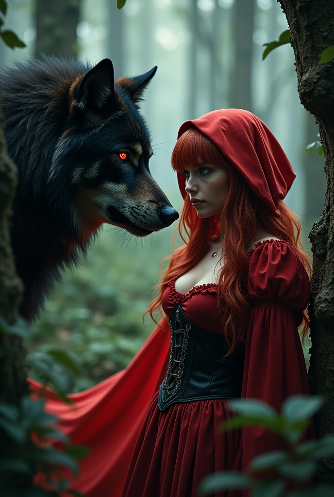 Beautiful girl, wearing red gown, warewolf behind her, red eyes, red hair,
