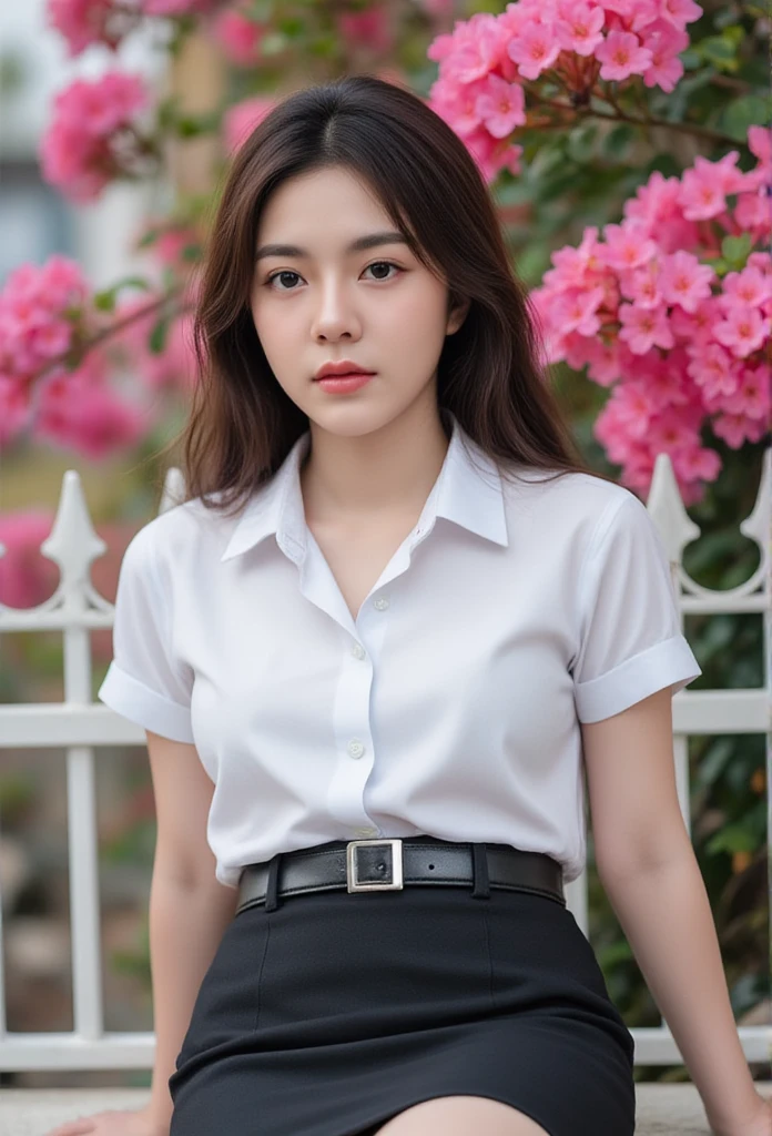  Thai woman with long hair , age: 25 years old dress short-sleeved white collared shirt , belt, Black short pencil skirt,  pose lying seductively, place, white fence, bougainvillea