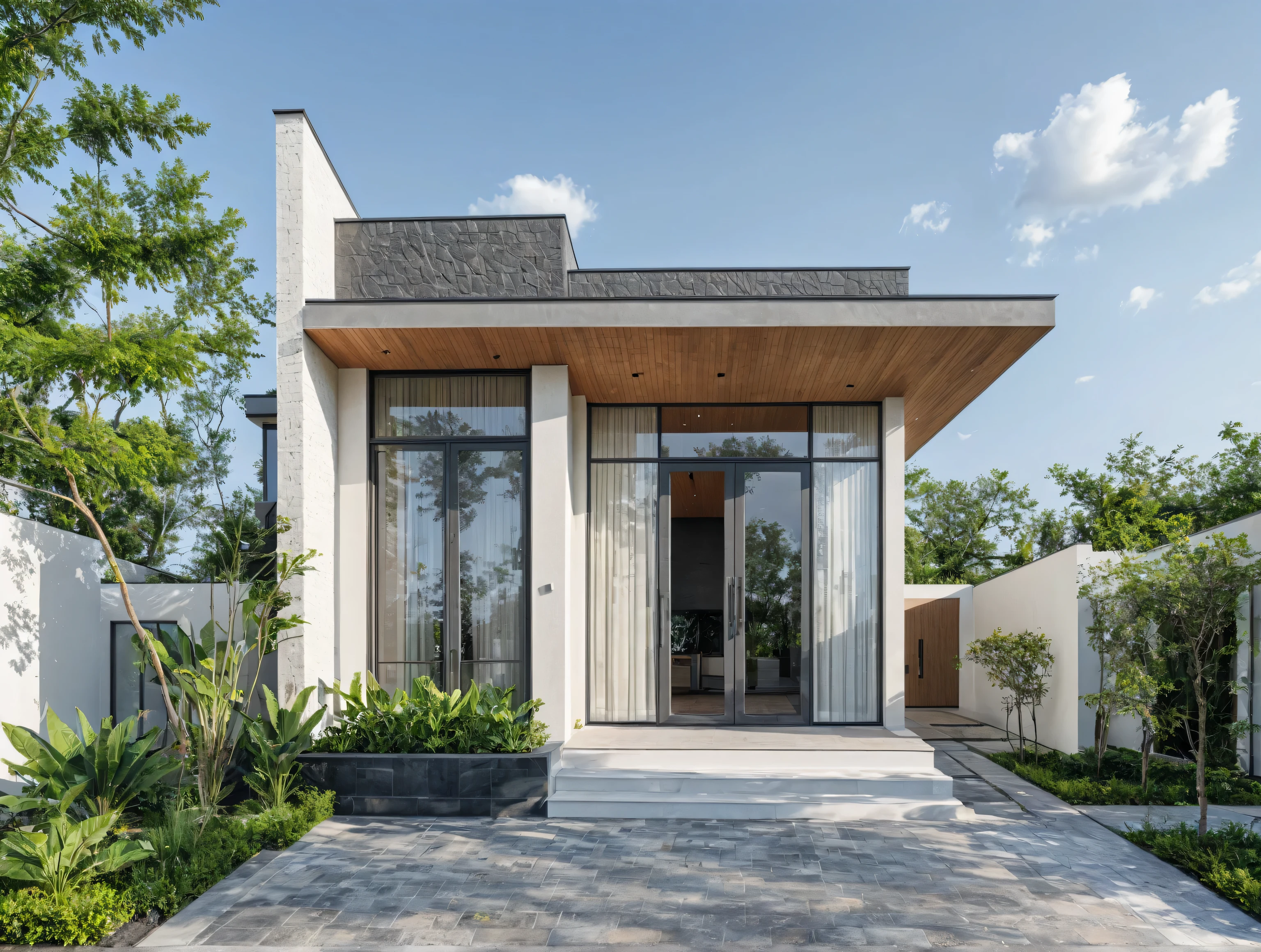 (masterpiece:1.2), best quality, photo of A two-story modern house with white walls and dark gray tiles on the roof., tree and plant, streetcapes, natural light, The exterior of an elegant single family home features large windows, ((a dark gray door frame)).